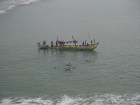 A fishing boat in the sea, the fishermen preparing to moor.  In the foreground several small boys are swimming with large metal basins.