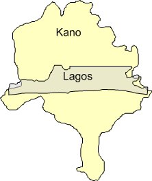 Map showing Lagos state overlaid on (and fitting inside) Kano state