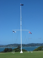 A flagpole with three flags: New Zealand, Northern Maori and UK.