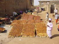 Strips of dried meat freshly coated with brown-red sauce on racks in the sunshine