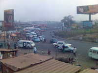 A roundabout with dual carriageway going overhead.  Buses and taxis are picking up passengers all around.