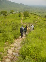 A group of people walk down a stone-paved path towards a valley