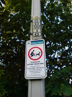 'Clean up after your dog' sign and lamppost ID tag.