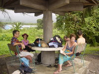 Pete, Amy, Jonathan, Kay and Indar sitting at a concrete table