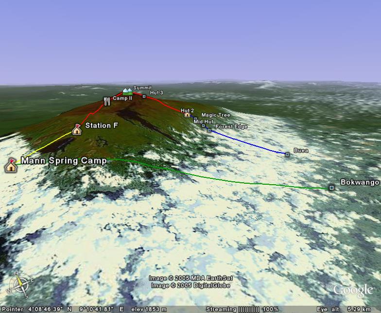 Map showing route from Buea to the summit and back