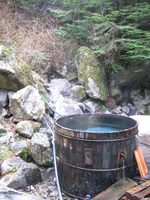 One of the hot tubs at Clear Creek. A large wooden tub, full of clear steaming water sits among rocks and trees.
