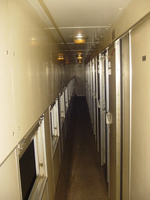 A railway sleeper corridor, windows on the left, doors on the right.  Dim lights in the ceiling.