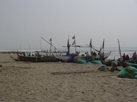 Fishing boats lined up on a beach, with a few fishermen around.  In the background a crowd of people surround some other boats.
