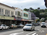 A street of Art Deco buildings.