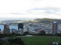 A city surrounds a bay, reaching up into the surrounding hills.  It is lit by low evening light.