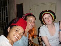 Picture of Marebec, Karen and Gemma in the bar, wearing silly hats