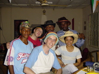 Group of people wearing silly hats, including me with a rather manic grin
