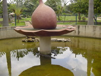 Stagnant-looking pool with a few small crocodiles and a large concrete ornament