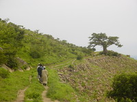 A few people walking along a path round a hillside