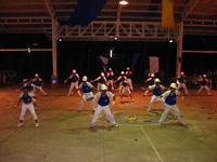 A group of people in blue and white uniforms and white gloves dancing.