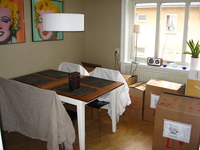 A dining table stands in front of a large window.  Bed linen is draped over the chairs.