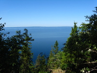 View across a large lake, framed by treetops in the foreground.  On the far side are low hills and above them a clear blue sky.